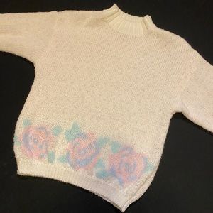 Vintage White Sweater with Roses & Dots